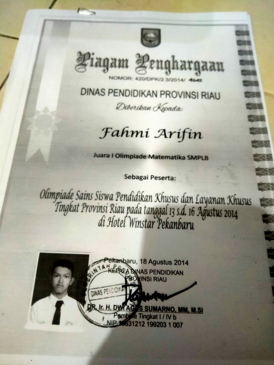 Gambar Sertifikat Juara 1 Olimpiade Matematika